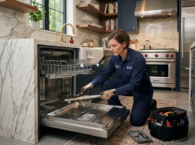 Appliance Repair Hero technician servicing a built-in dishwasher in a Ashford, CT kitchen