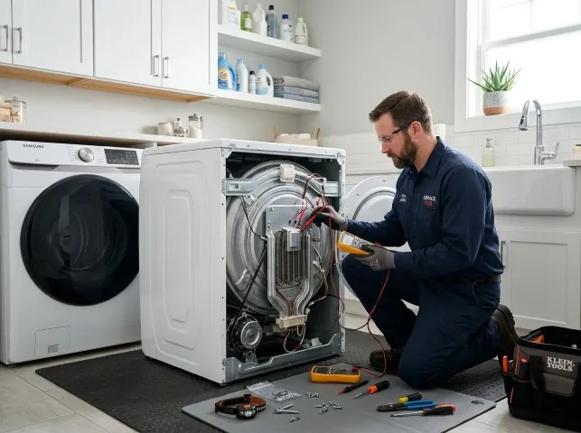 Appliance Repair Hero technician checking a dryer heating element with the rear panel off in Ashford, CT
