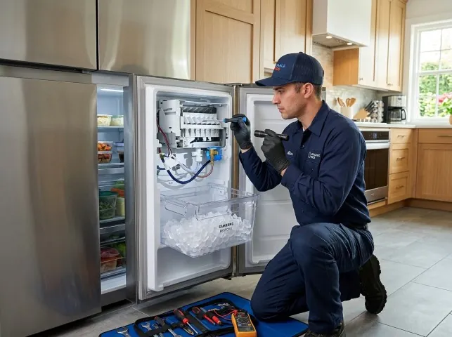 Appliance Repair Hero technician repairing a refrigerator ice maker in Ashford, CT