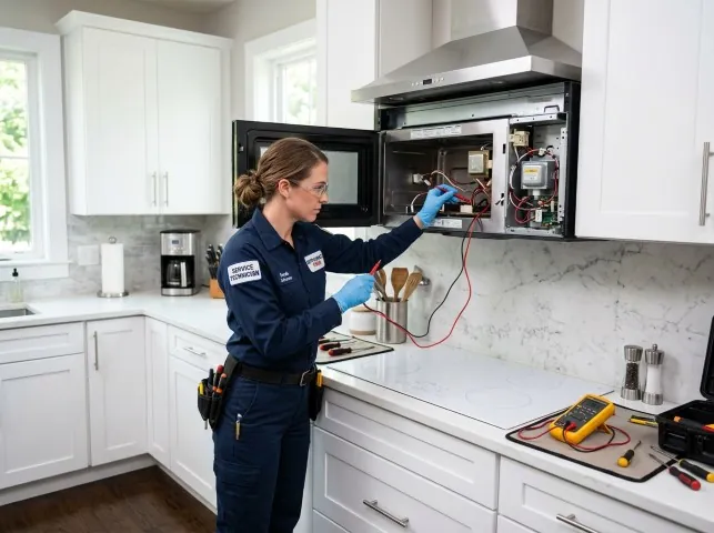 Appliance Repair Hero technician testing an over-the-range microwave in a Ashford, CT kitchen