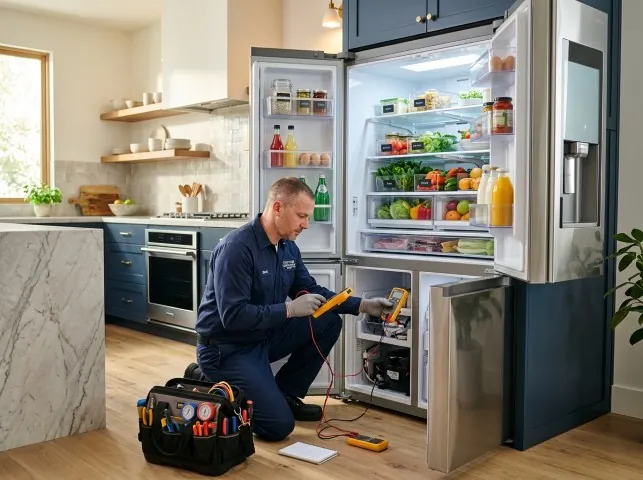 Appliance Repair Hero refrigerator technician testing a fridge on a Ashford, CT service call