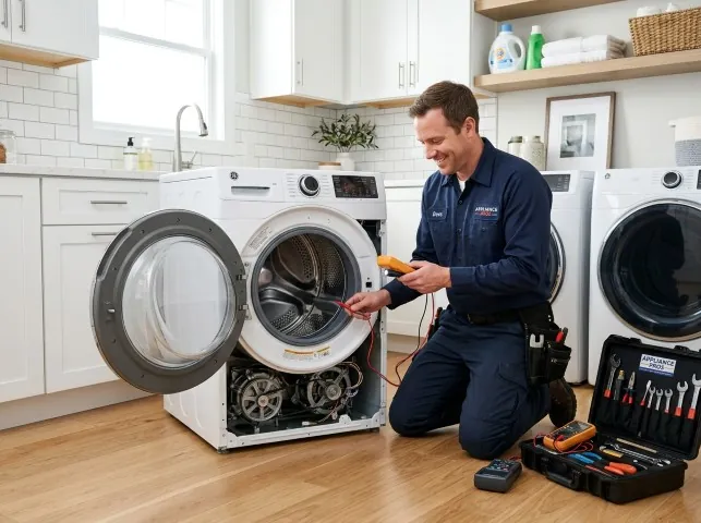 Appliance Repair Hero technician testing a front-load washer with a multimeter on a Ashford, CT service call